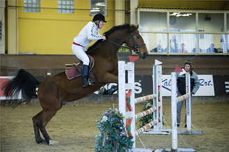 Gauruder Krisztián lovagol Lucifer nyergében a nemzetközi fedettpályás öttusa versenyen a Nemzeti Lovardában 2013. február 3-án