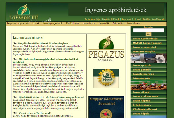 Lovasok.hu képernyőkép 2005 vége - 2006 eleje