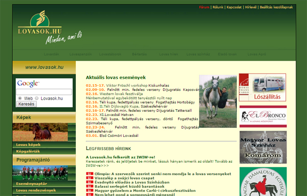 A Lovasok.hu főoldala 2008 februárjában